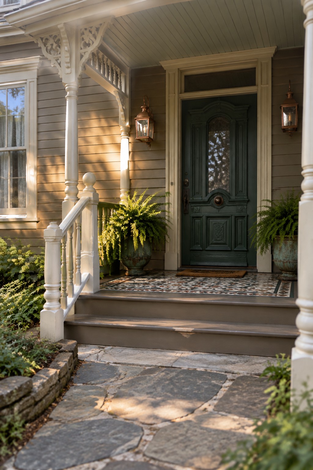 A dark green Victorian front door framed by cream trim on a beige house exterior.