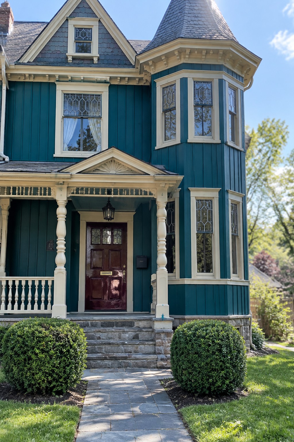 A Victorian house with deep teal siding and cream trim on the exterior.