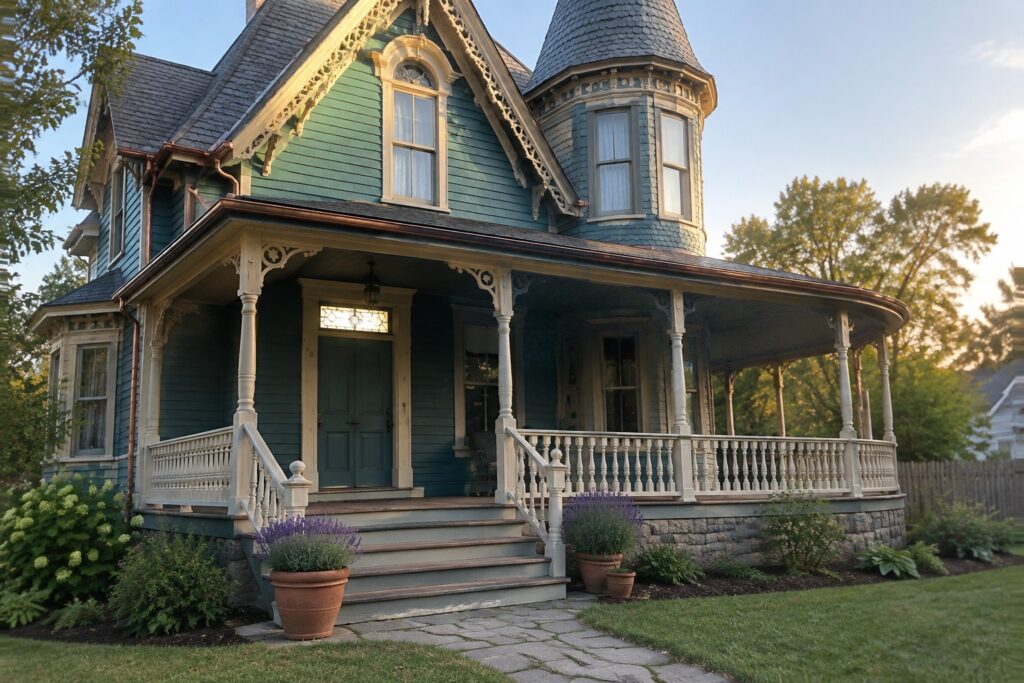 19 Distinctive Victorian Home Exterior Paint Colors Using Coordinated Body and Trim Shades Victorian house exterior painted in a teal green with cream trim and a stone foundation.