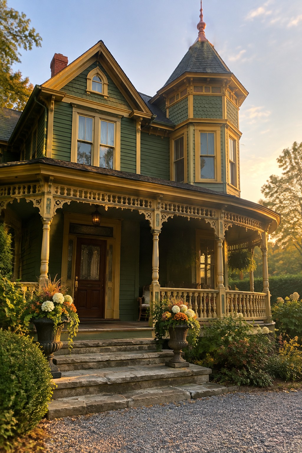 Victorian house exterior painted in muted sage green with coordinated yellow trim.