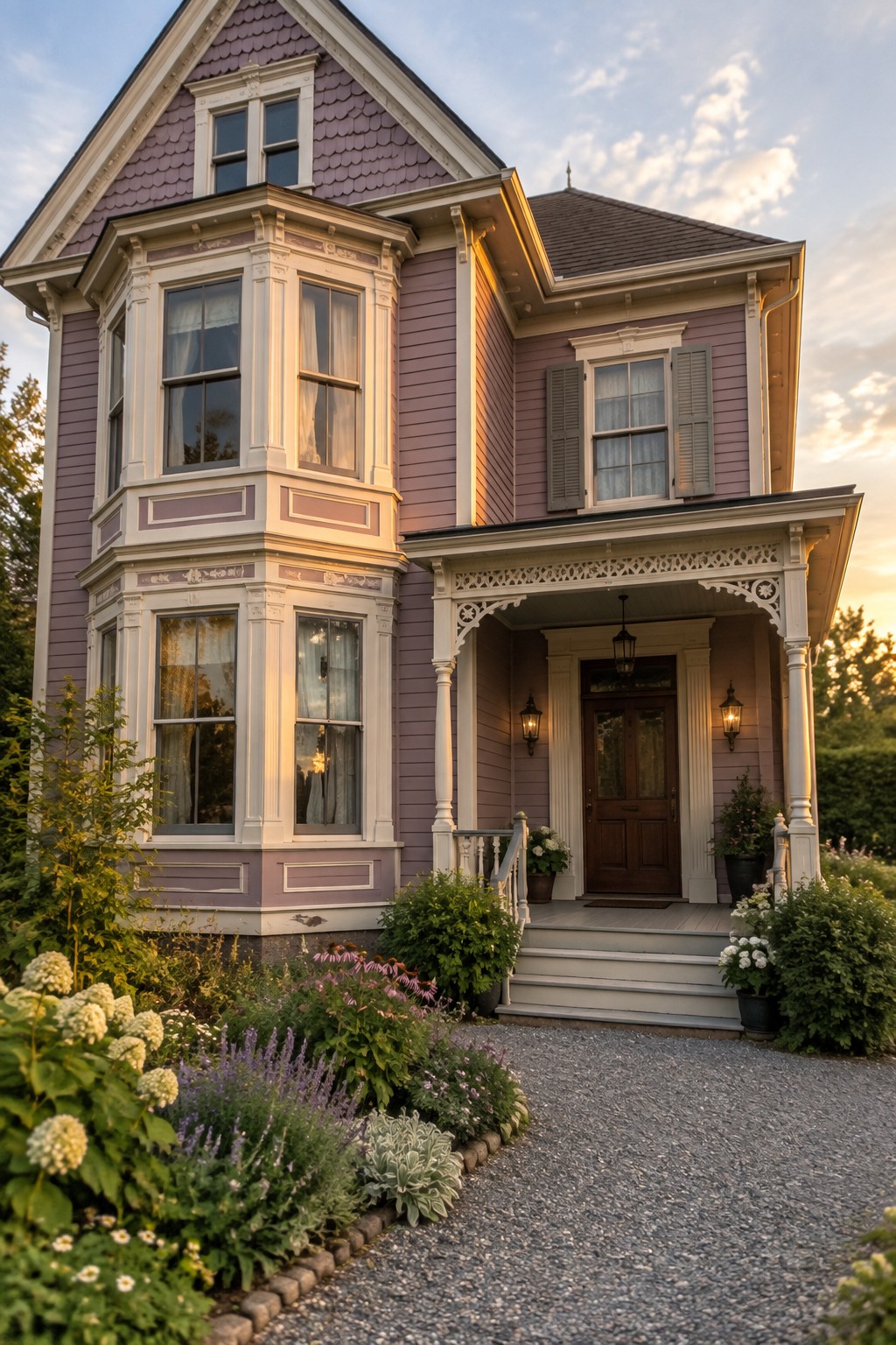 Victorian house exterior with muted purple siding and white trim.