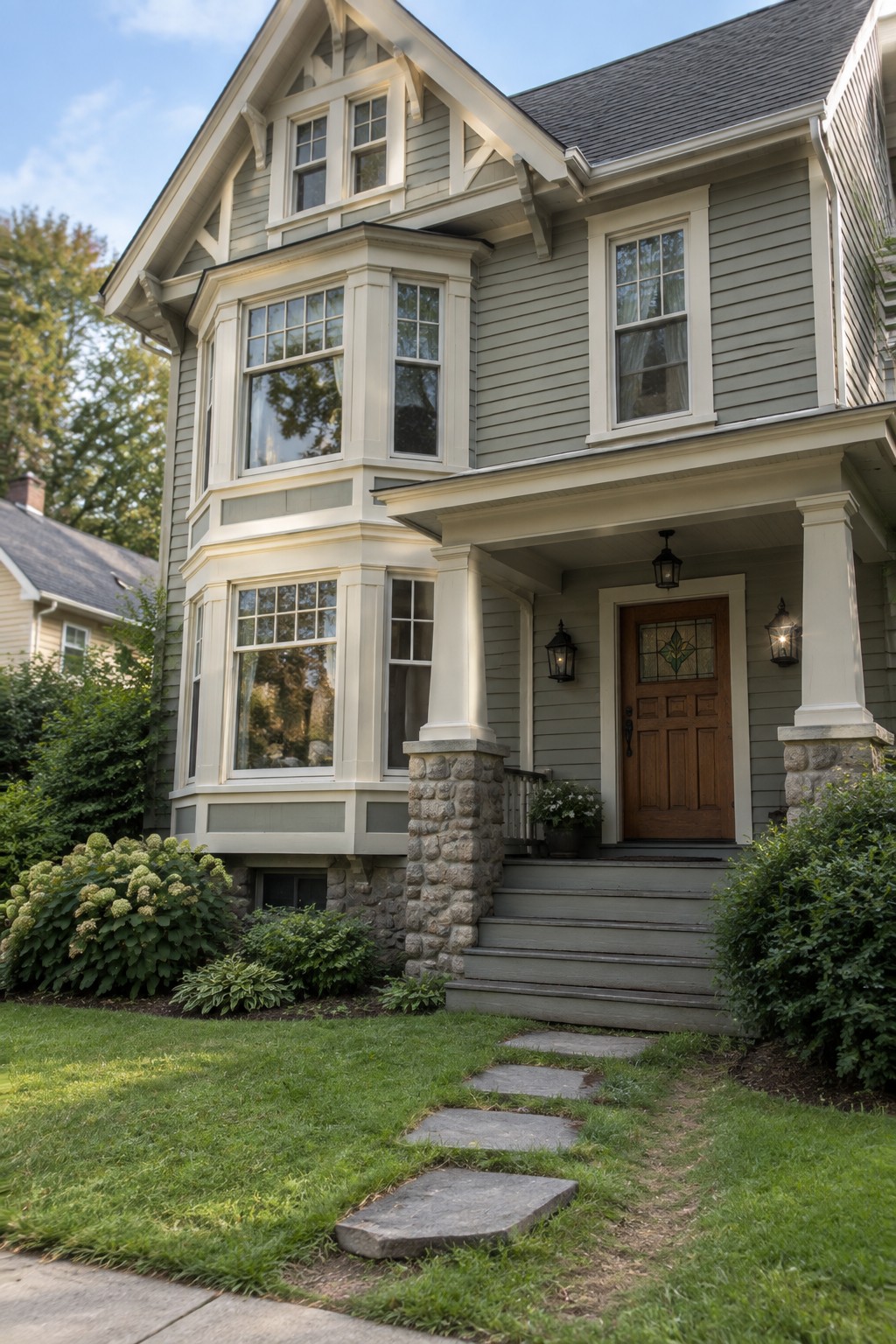 Victorian house exterior with muted sage gray siding and cream trim.