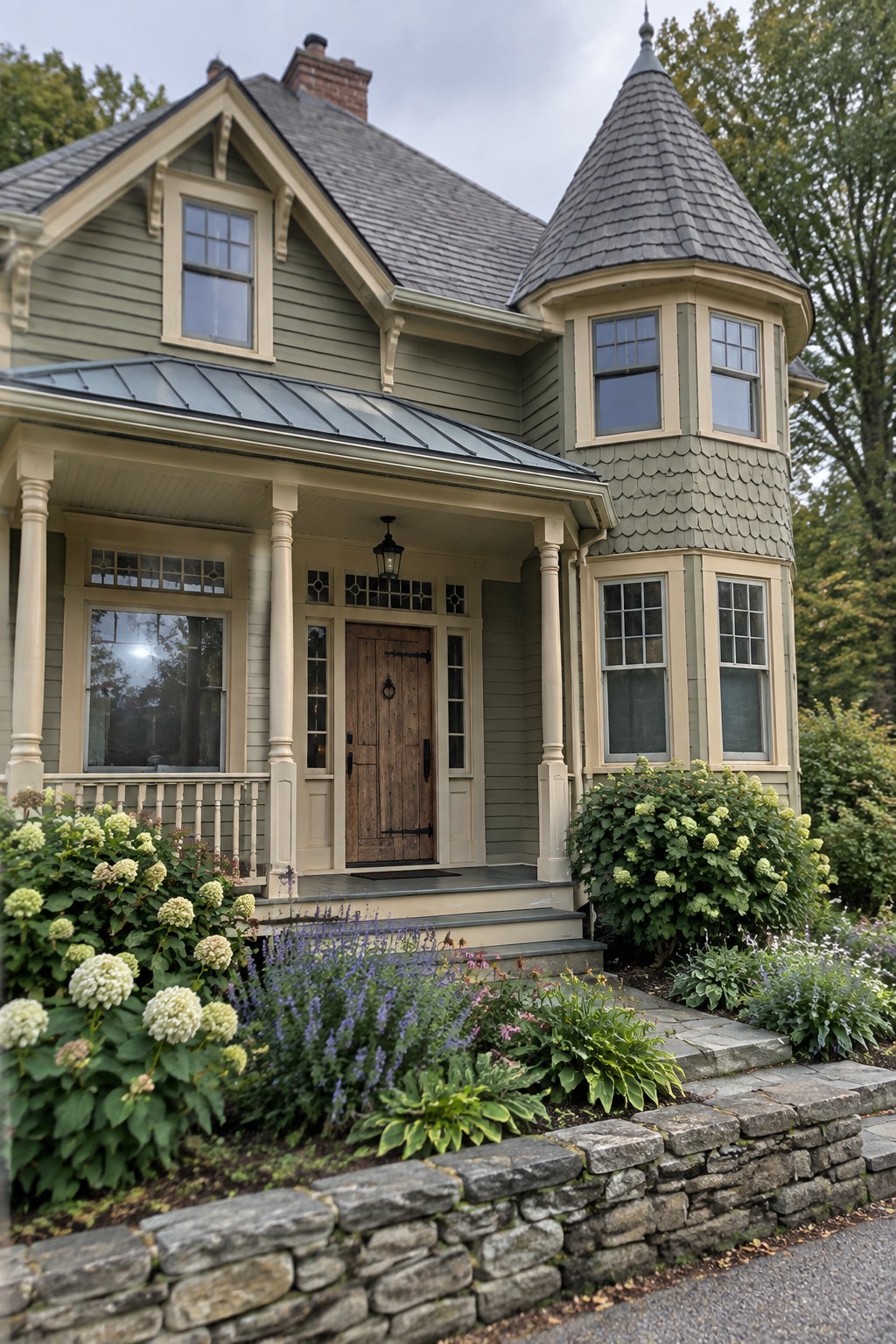 A Victorian house with muted sage green siding and cream trim.