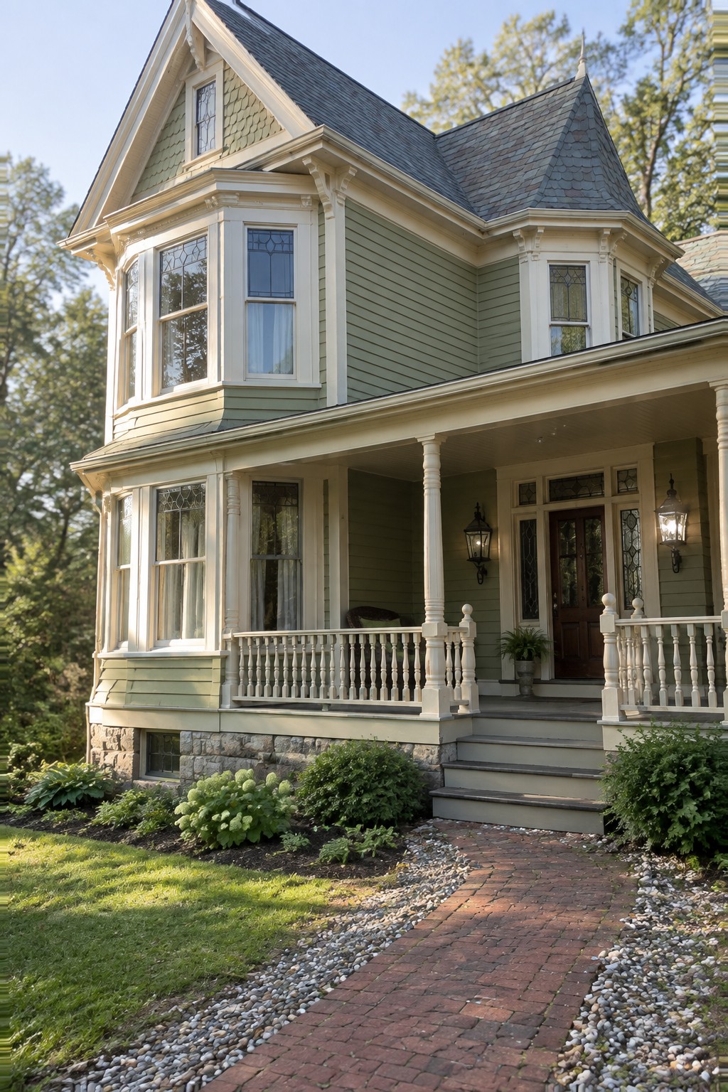 A Victorian house exterior painted in soft sage green siding with cream trim and a stone foundation.