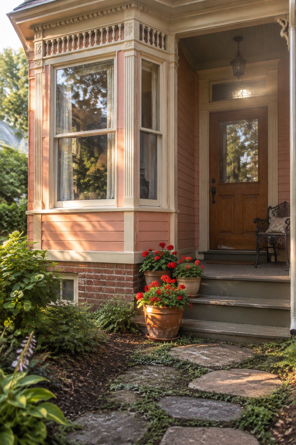 Victorian house with soft pink siding and cream trim over a red brick foundation.