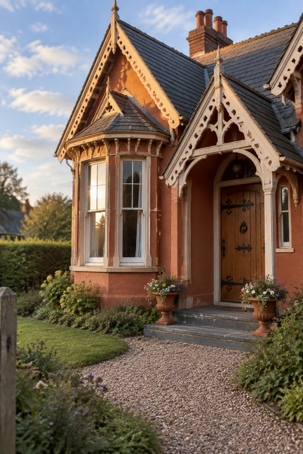 A Victorian house with warm terracotta body paint and white decorative trim.