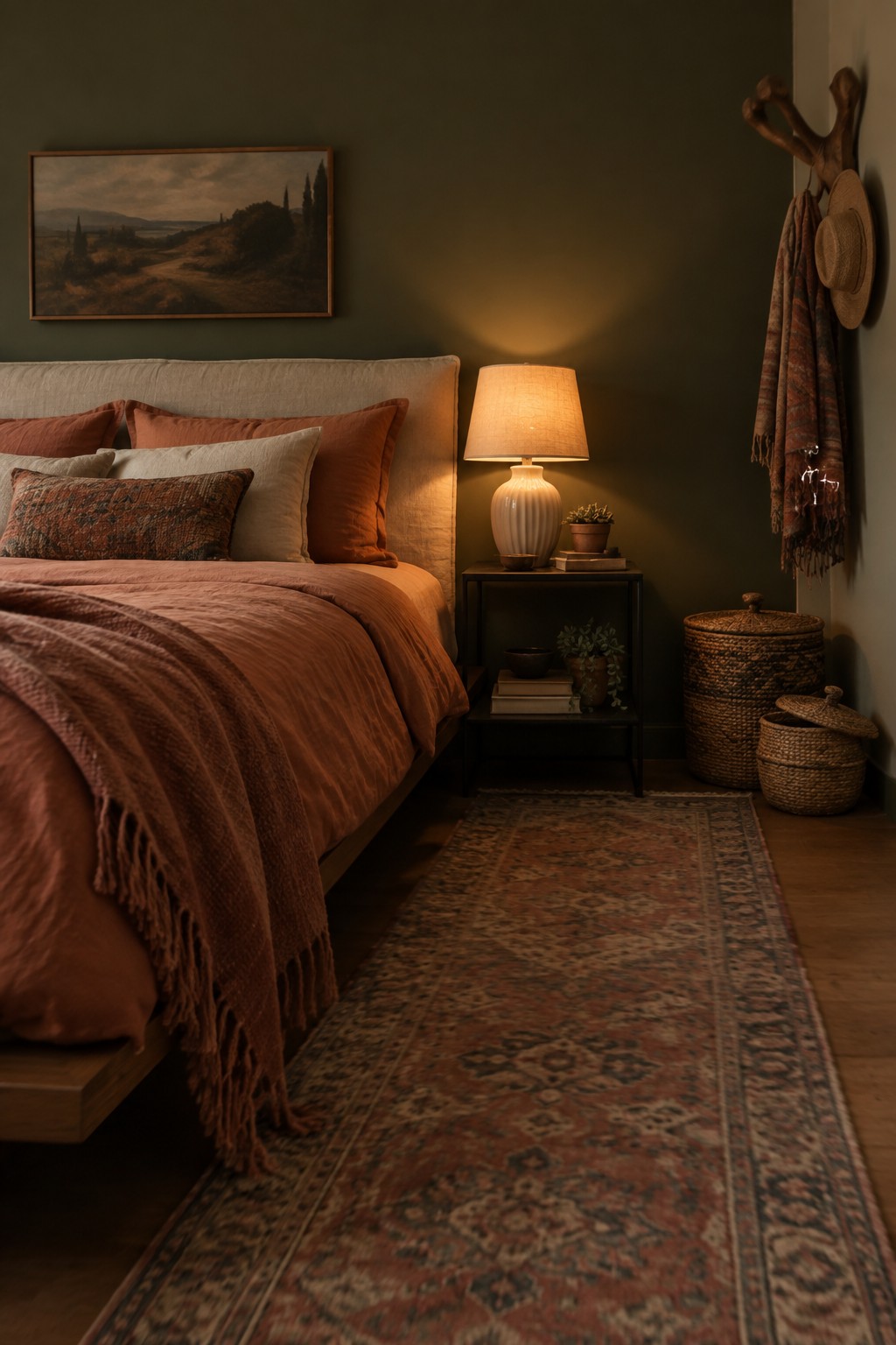 Deep olive green walls in a bedroom paired with terracotta bedding and natural wood furniture.