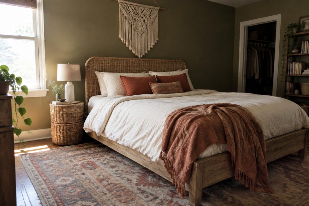 19 Earthy Boho Bedroom Paint Colors Centered on Olive and Terracotta A bedroom featuring muted olive green walls paired with warm wood furniture and terracotta textiles.