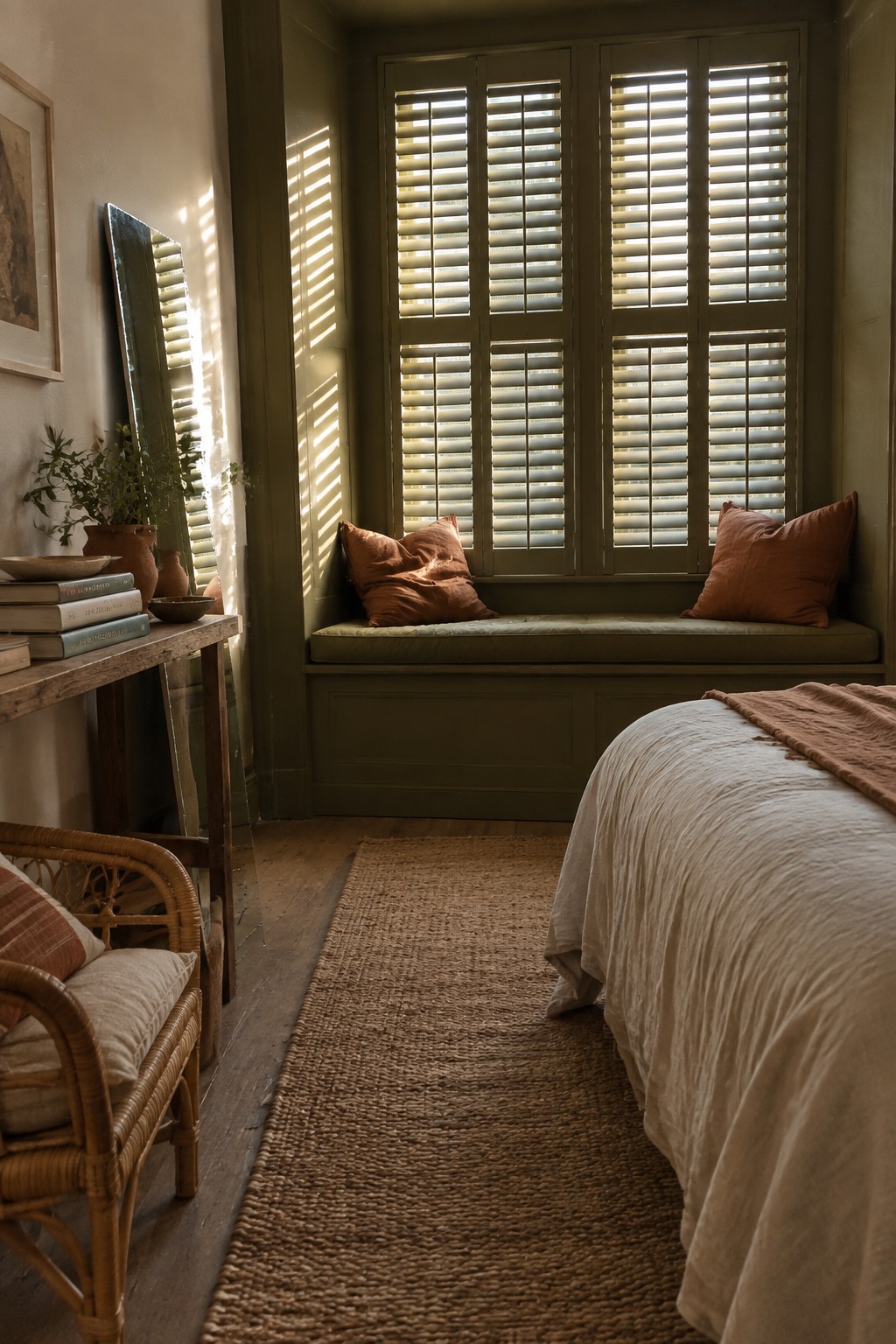 Olive green paint covers the window shutters, trim, and built-in bench in a bedroom.
