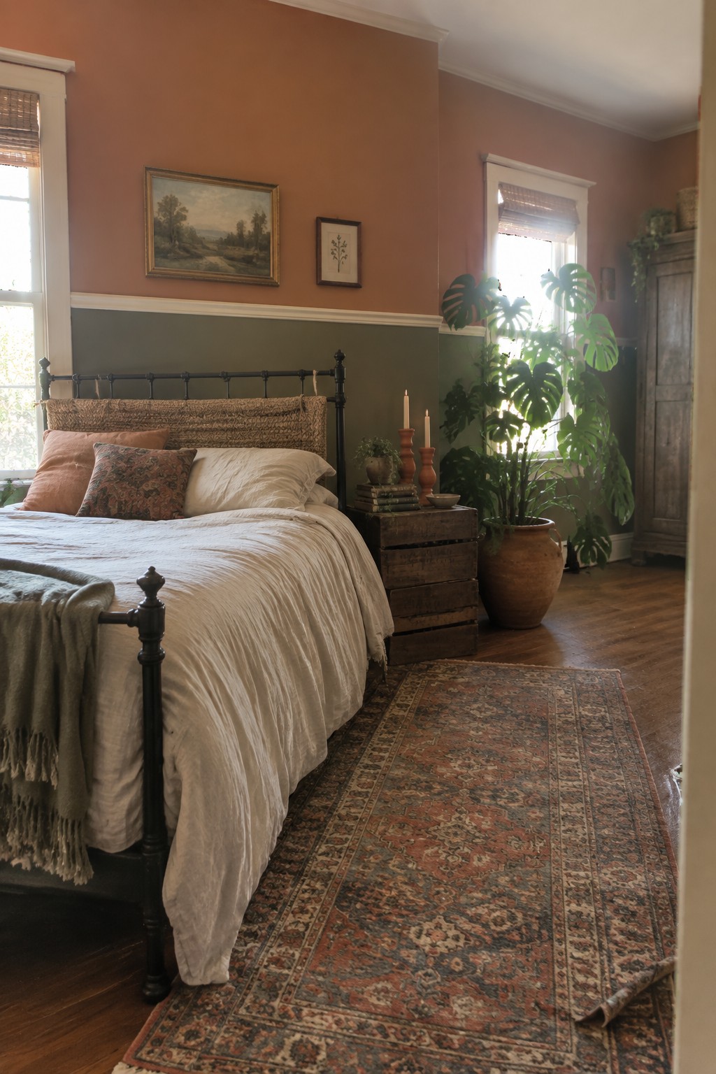 Cozy bedroom with black iron bed, white linens, terracotta walls, and patterned rug.