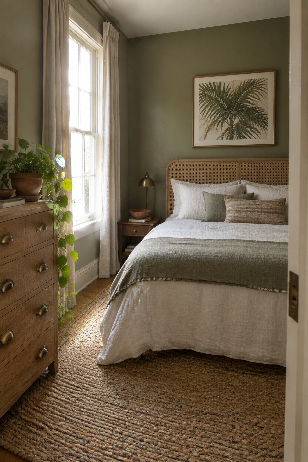 Cozy bedroom with green walls, rattan bed, white linens, woven rug, and wooden dresser.