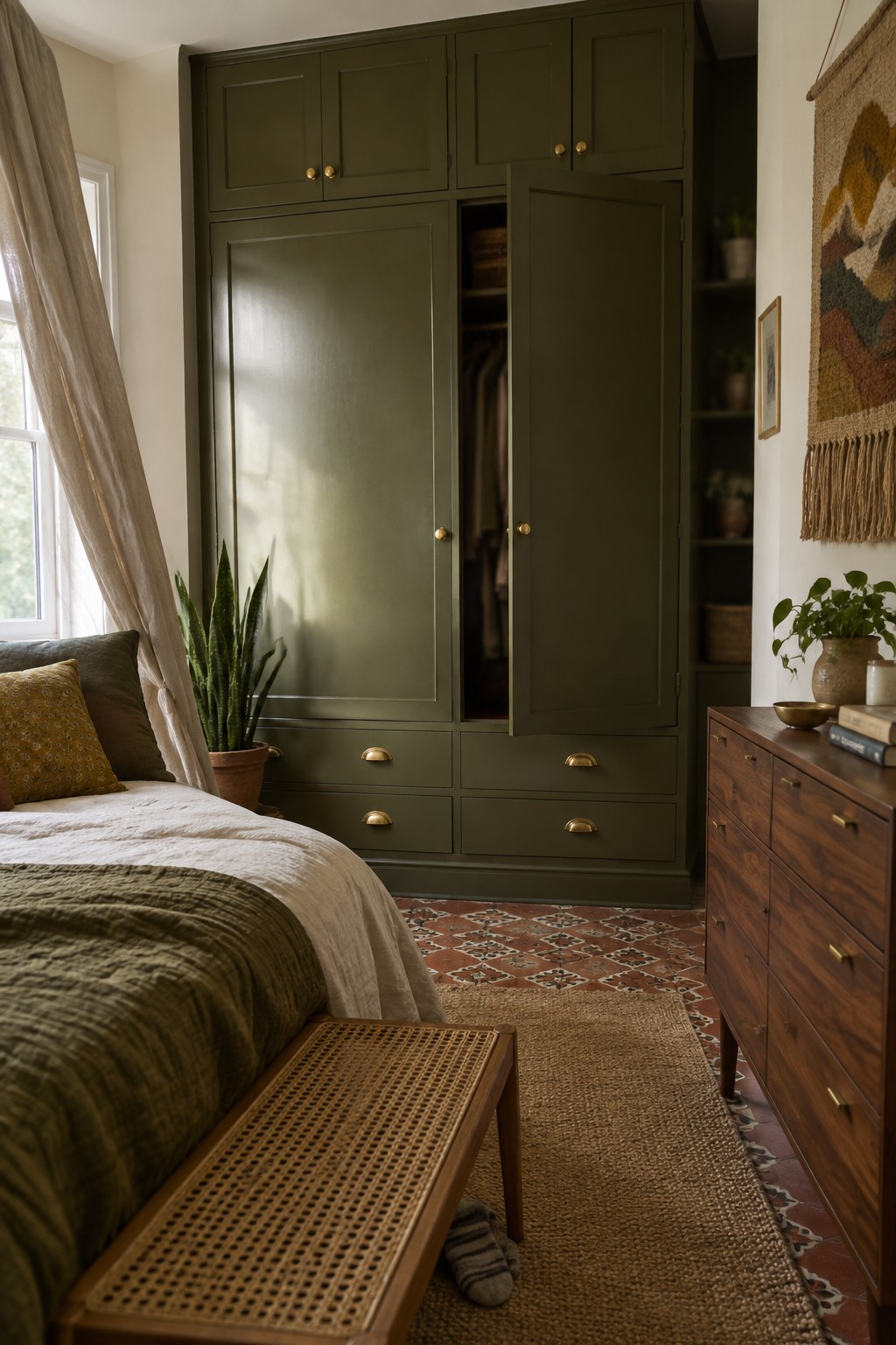 Olive green wardrobe in bedroom with bed, wooden dresser, woven bench, and rug.