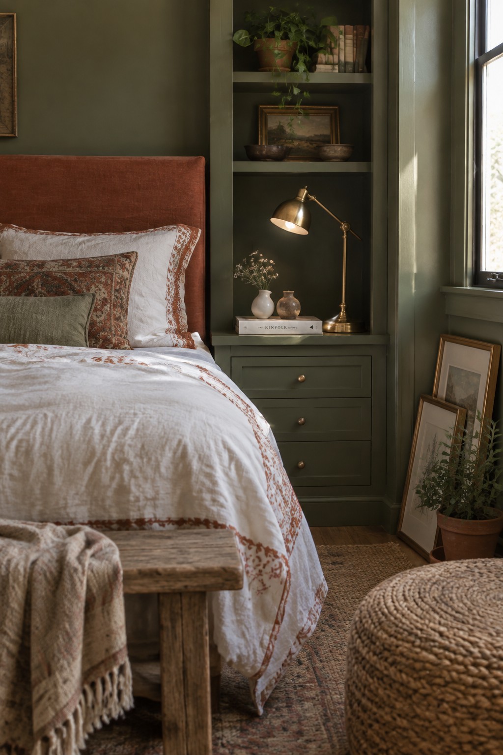 Deep olive green built-in shelving and dresser in a bedroom with terracotta headboard.