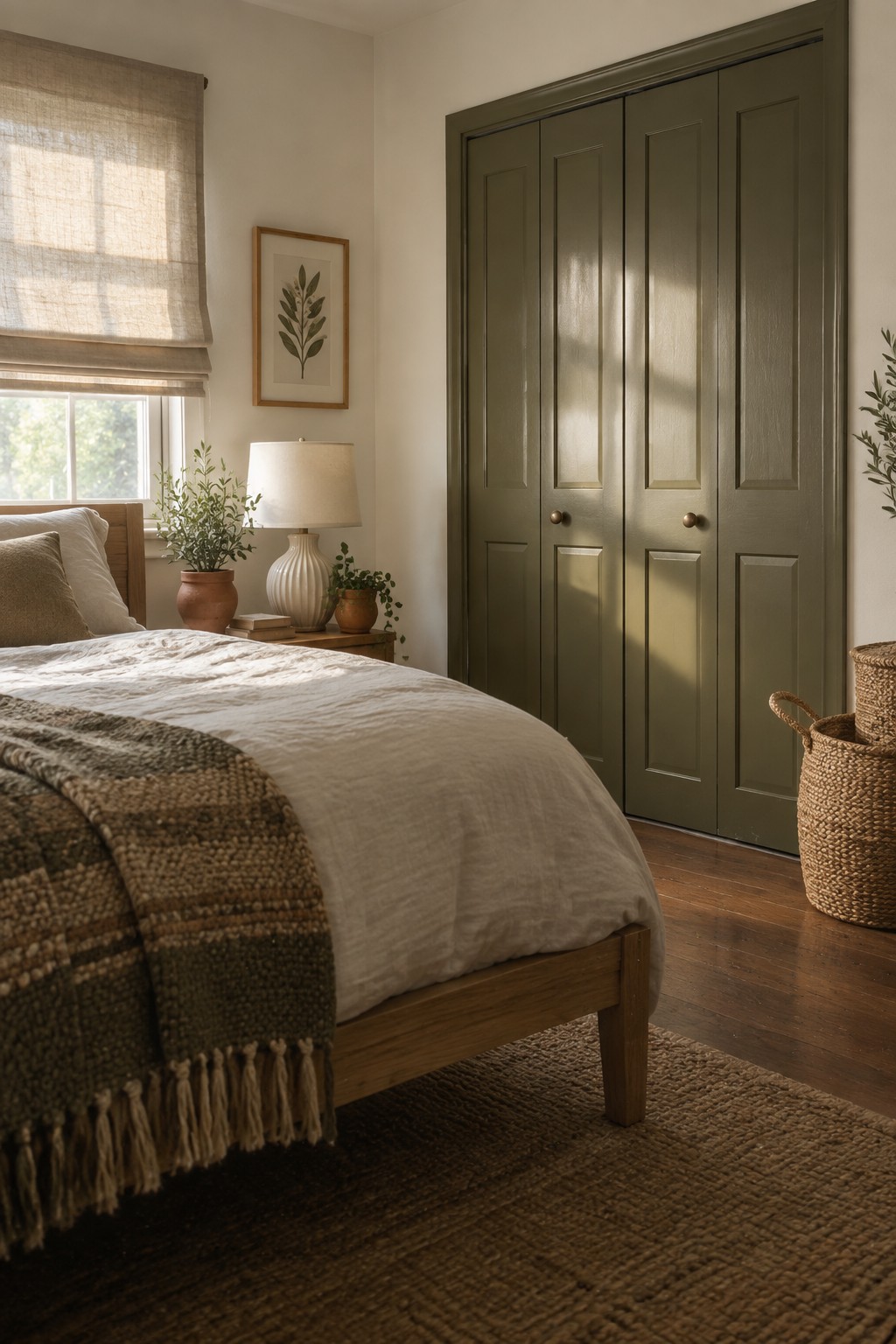 Cozy bedroom with wooden bed, white linens, olive green doors, and woven rug.