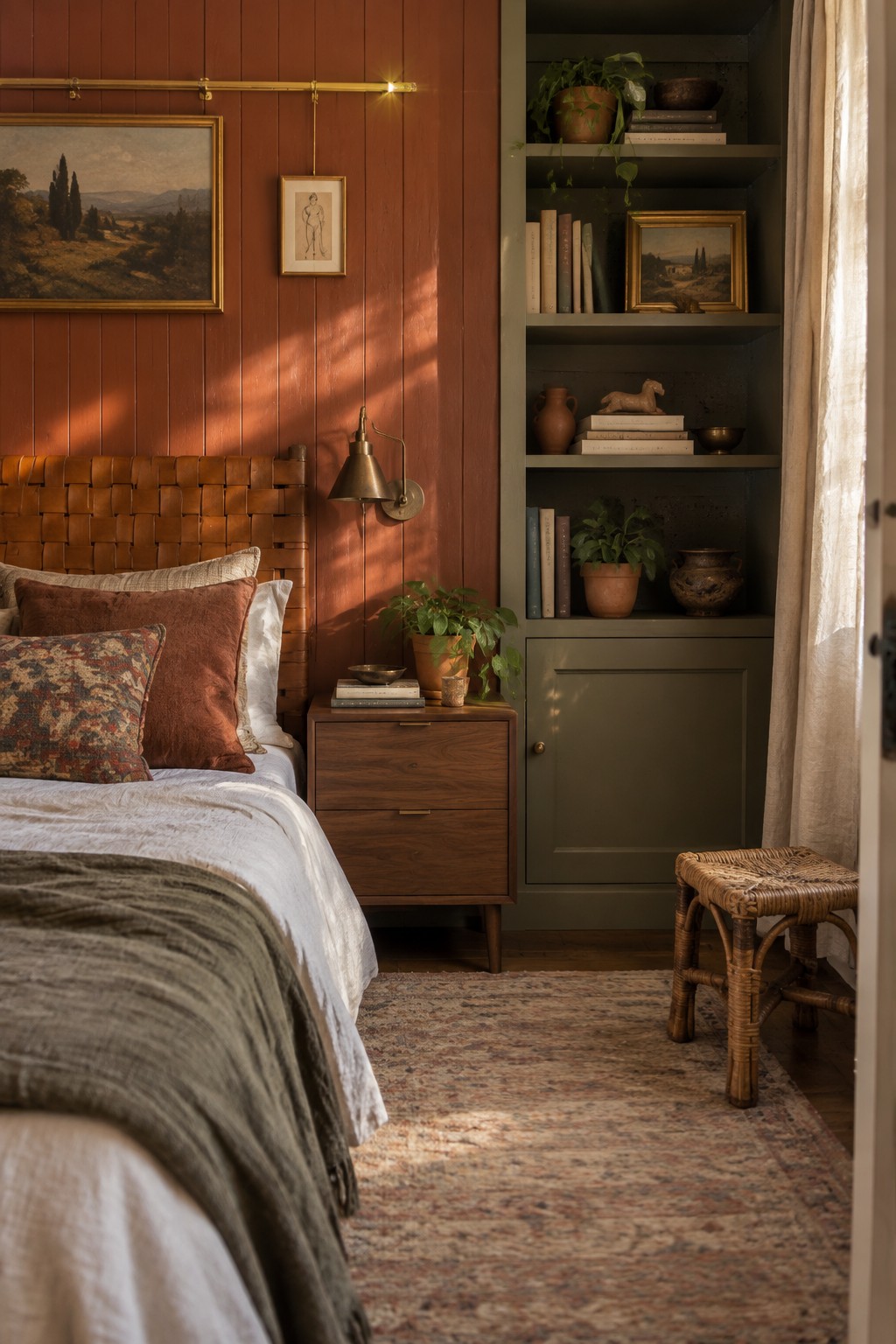 A bedroom featuring terracotta wood panel walls paired with an olive green built-in bookshelf.