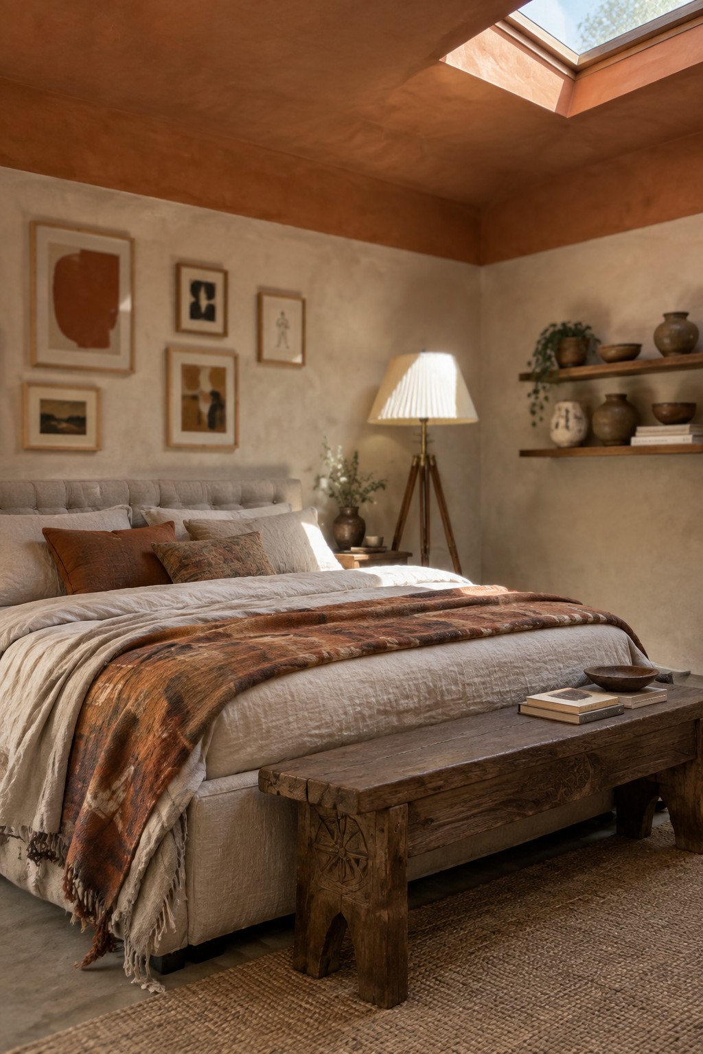 Cozy bedroom with beige bed, carved wooden bench, gallery wall, and skylight in terracotta ceiling