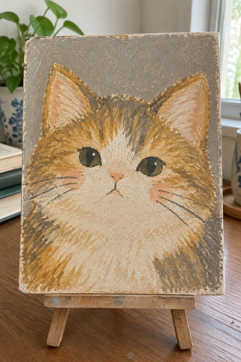 Orange tabby cat painting on wooden easel with gray background