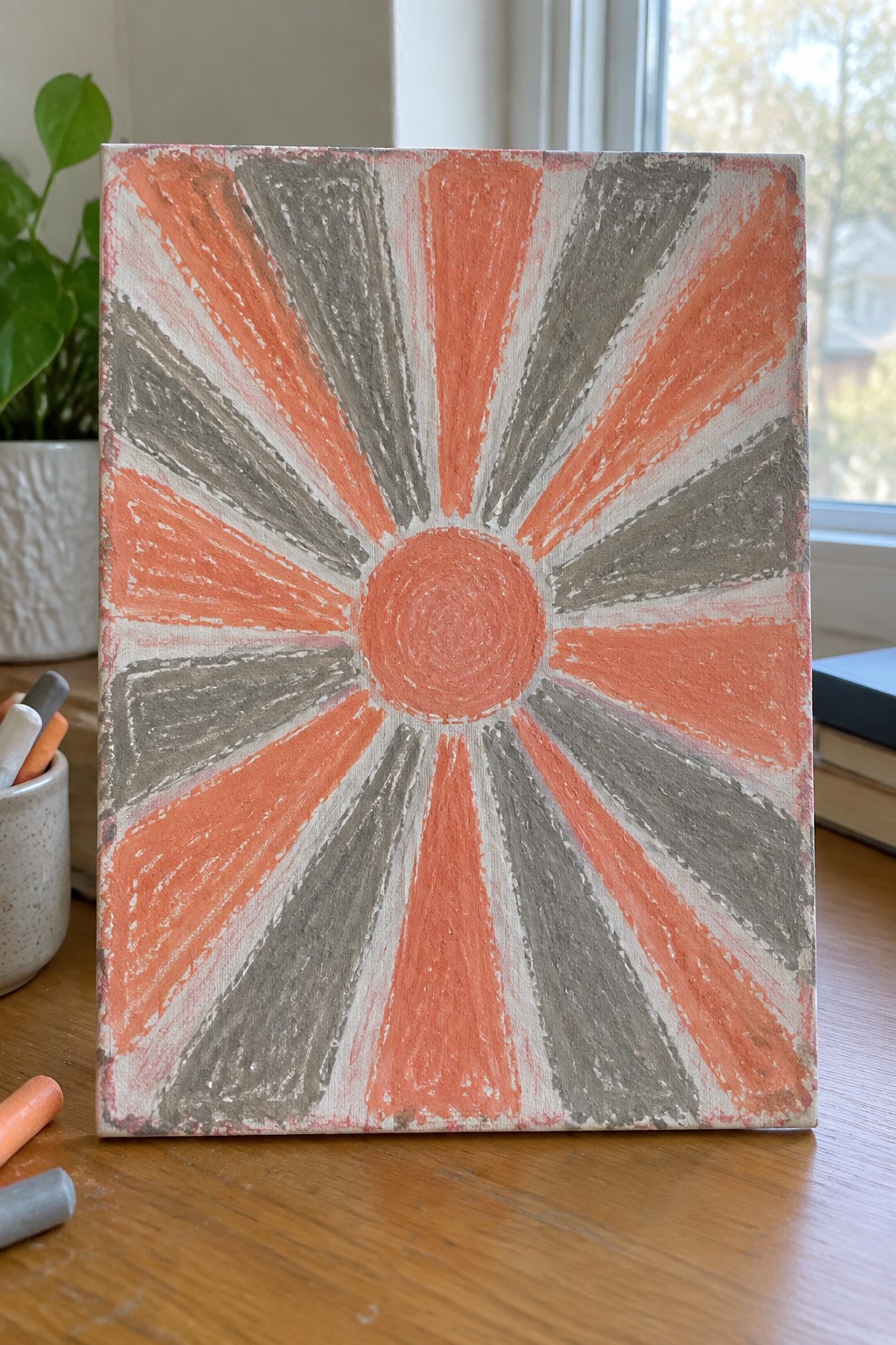 Sunburst painting on canvas with orange gray and white radiating rays on wooden table