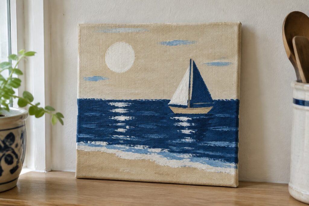 19 Easy Canvas Painting Ideas Using a Limited Color Palette Acrylic painting of sailboat on blue ocean under white moon with clouds