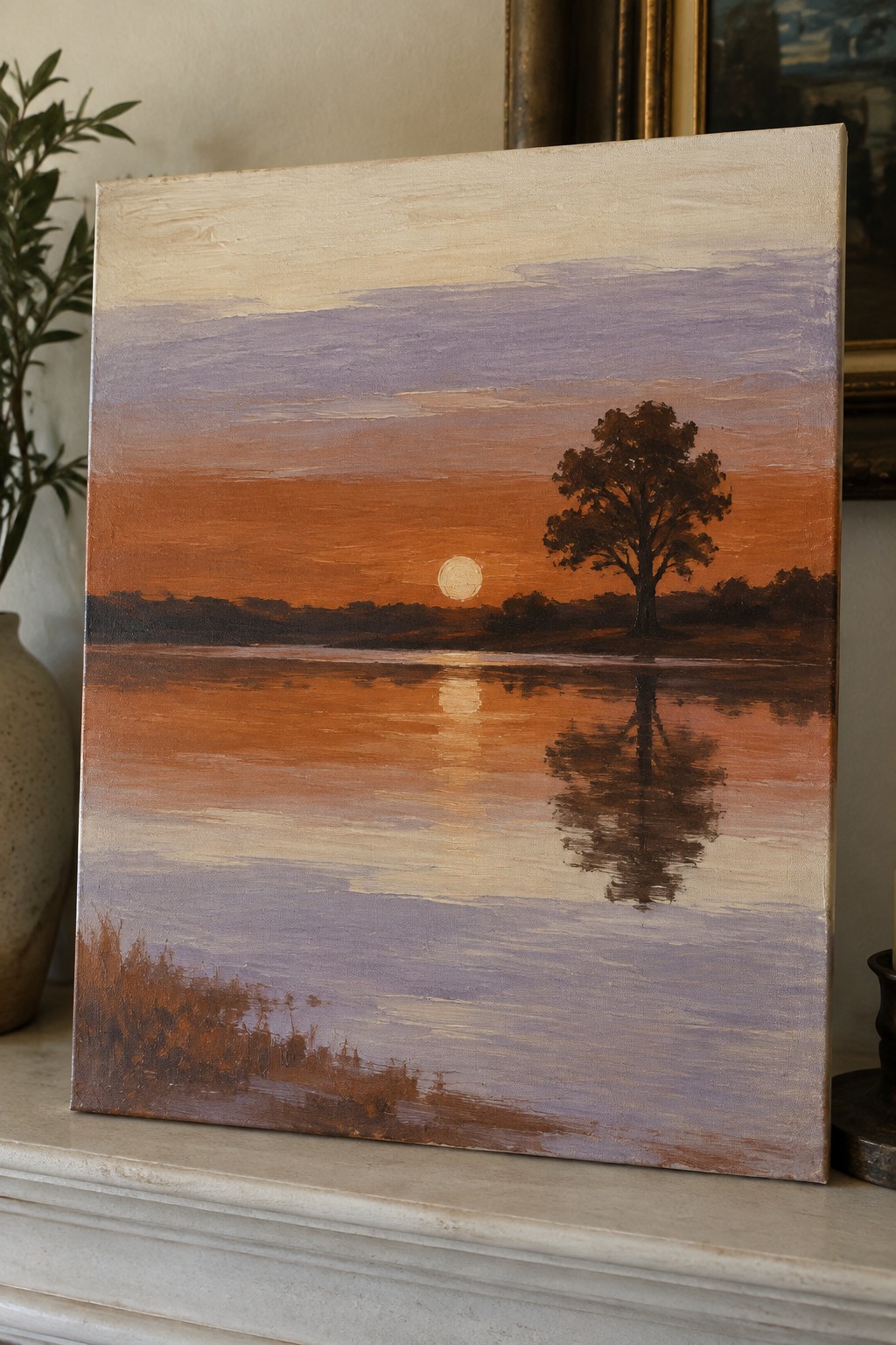 Oil painting of sunset over water with lone tree and vivid reflections.