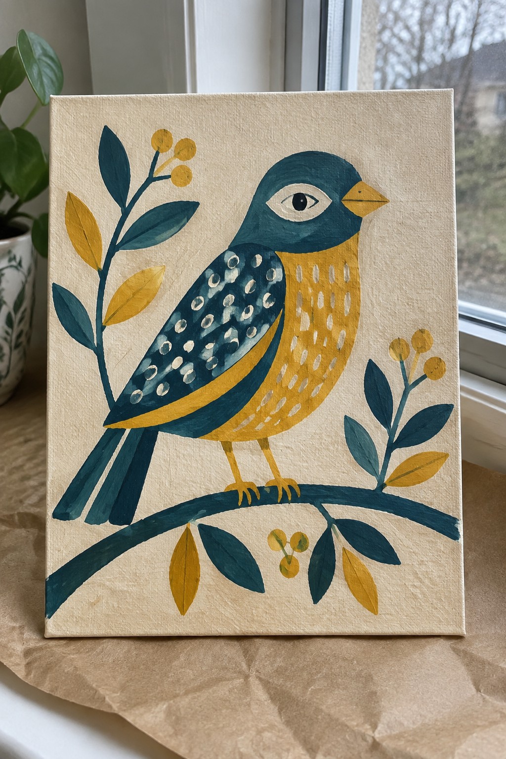 Folk art canvas painting of a teal and yellow spotted bird on a leafy branch