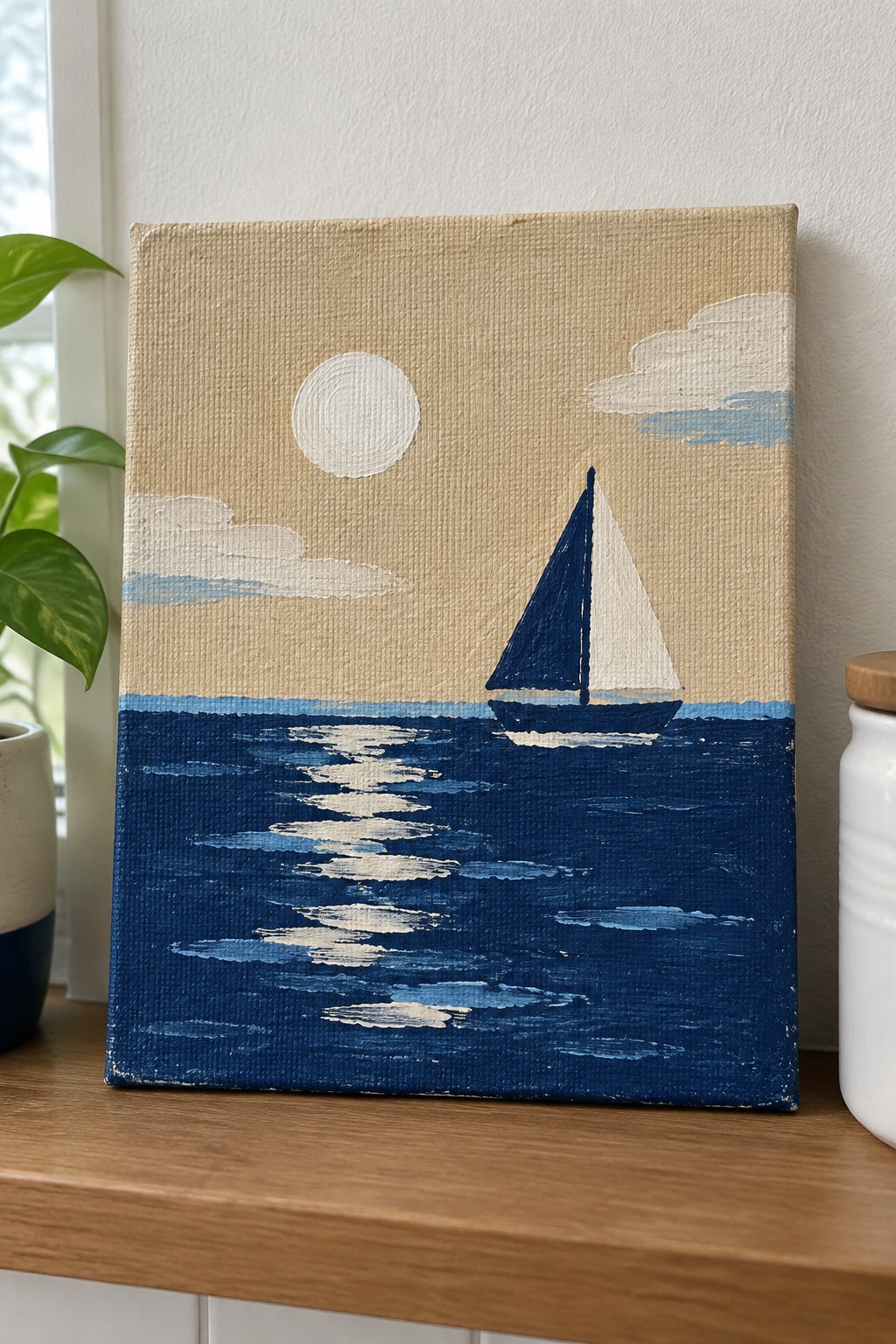 Acrylic painting of sailboat on blue ocean under white moon with clouds