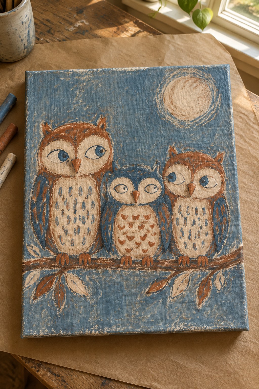 Three colorful owls perched on a branch under a full moon on blue canvas painting