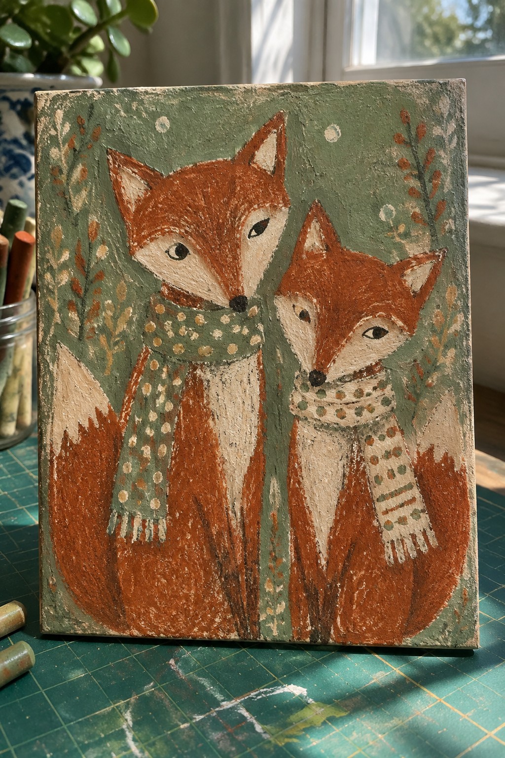 Two foxes in dotted scarves stand side by side on a green foliage background.