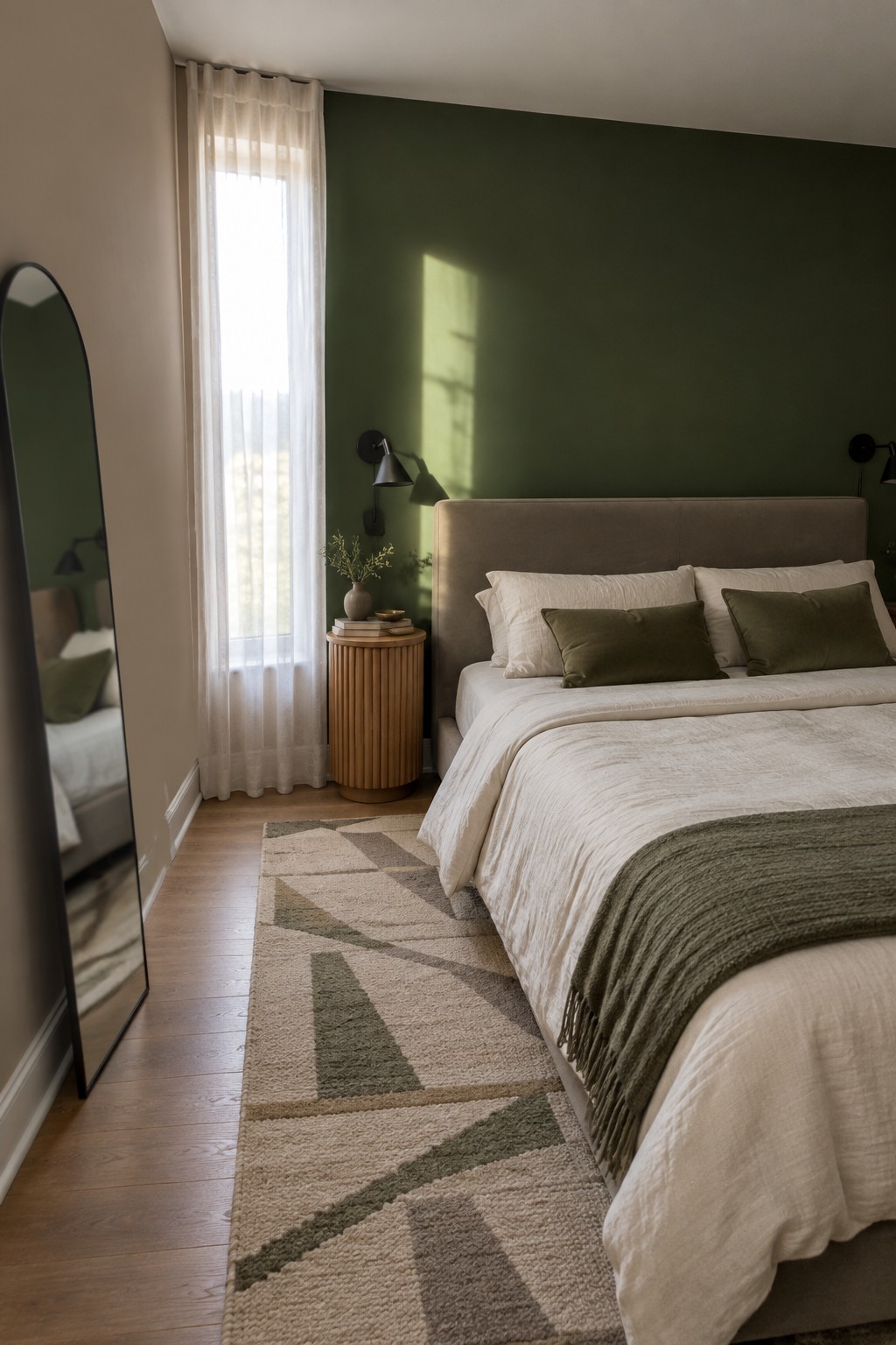 A bedroom with a deep olive green accent wall behind a beige upholstered bed on a wood floor.