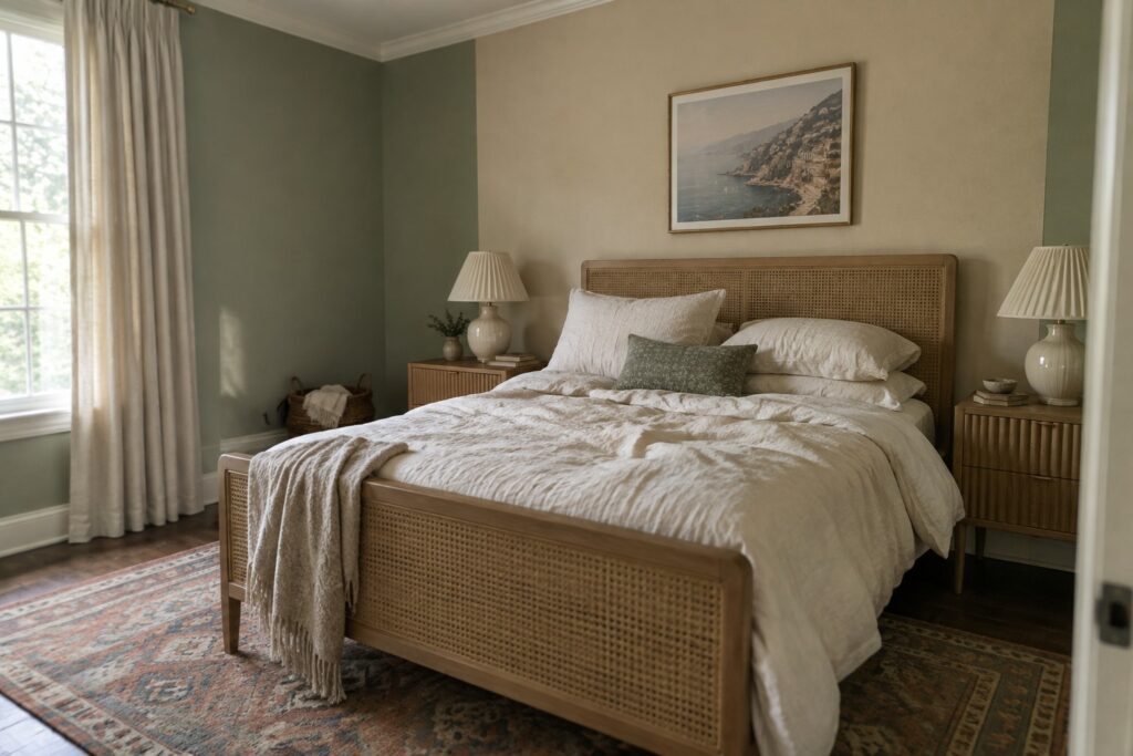 Cozy bedroom with rattan bed, white linens, patterned rug, and coastal artwork