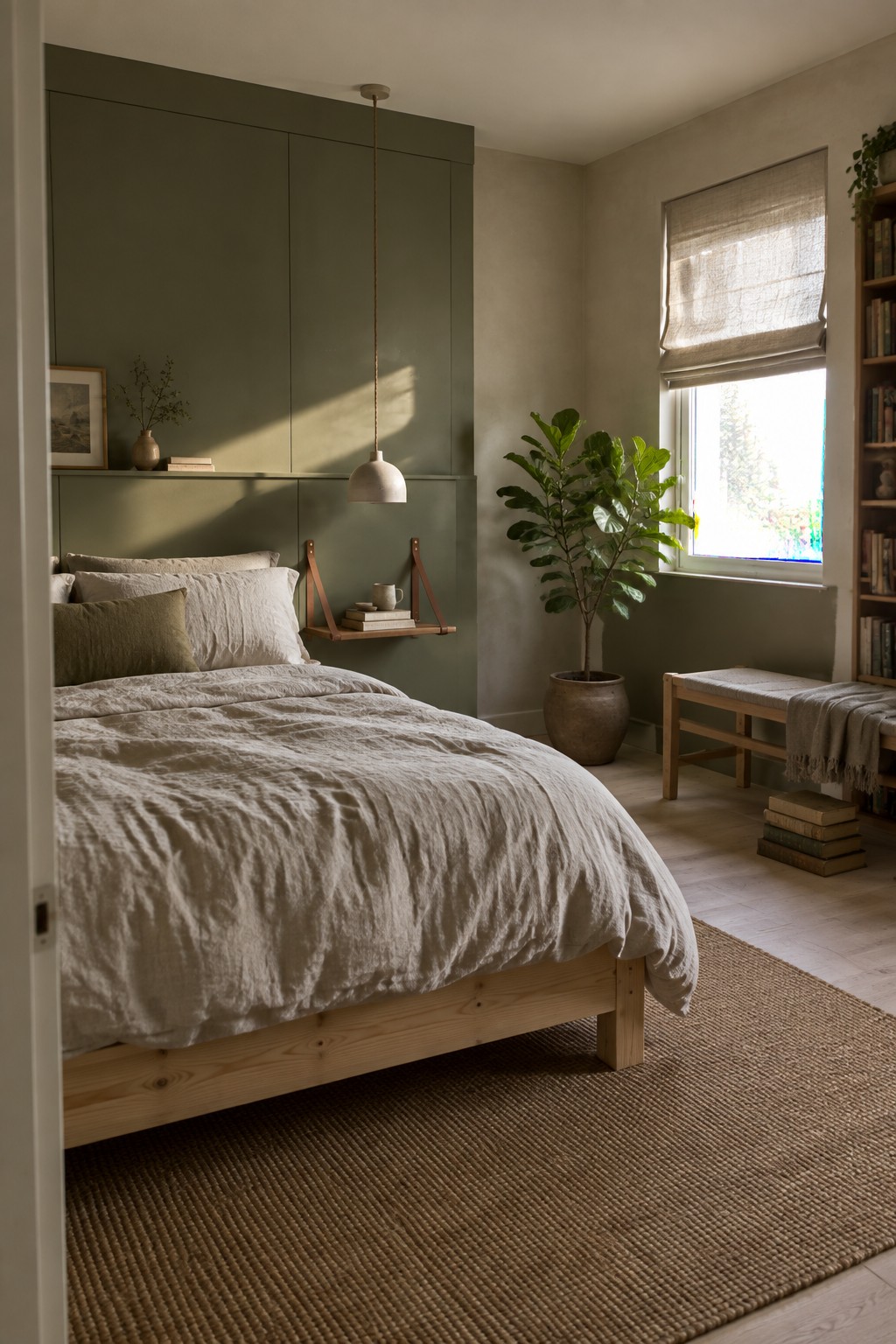 Bedroom walls and tall built-in cabinet painted in a soft olive green beside light wood furniture.