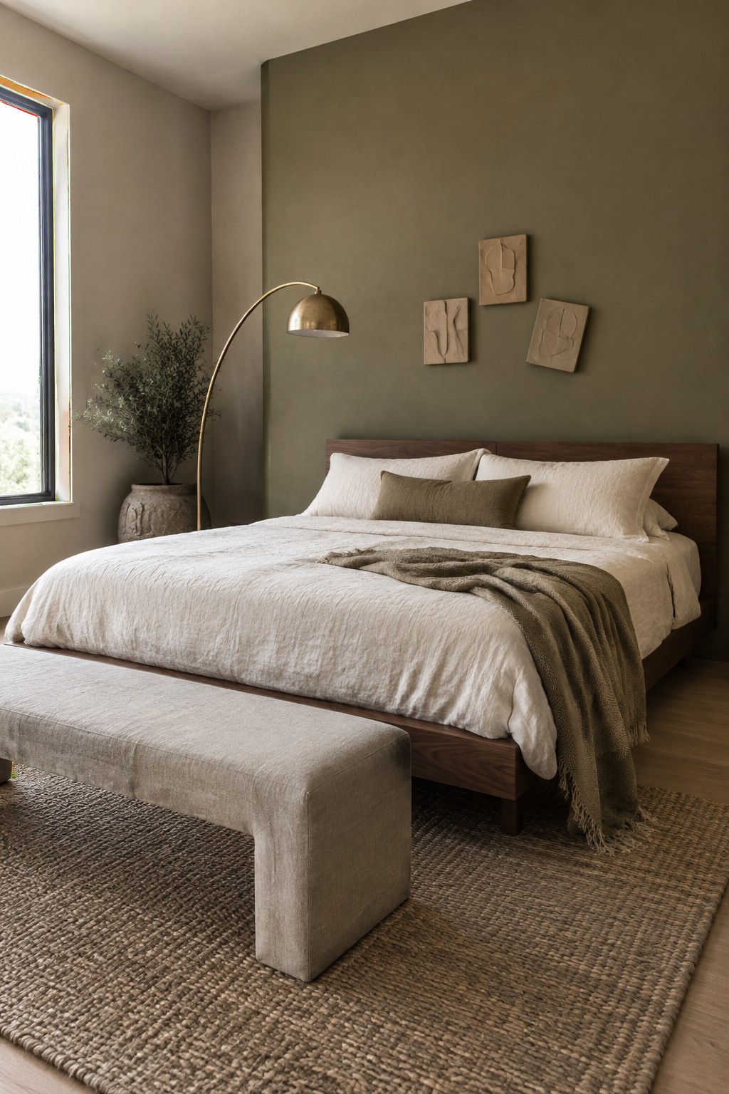 Muted olive green accent wall behind a wooden bed in a calm bedroom.