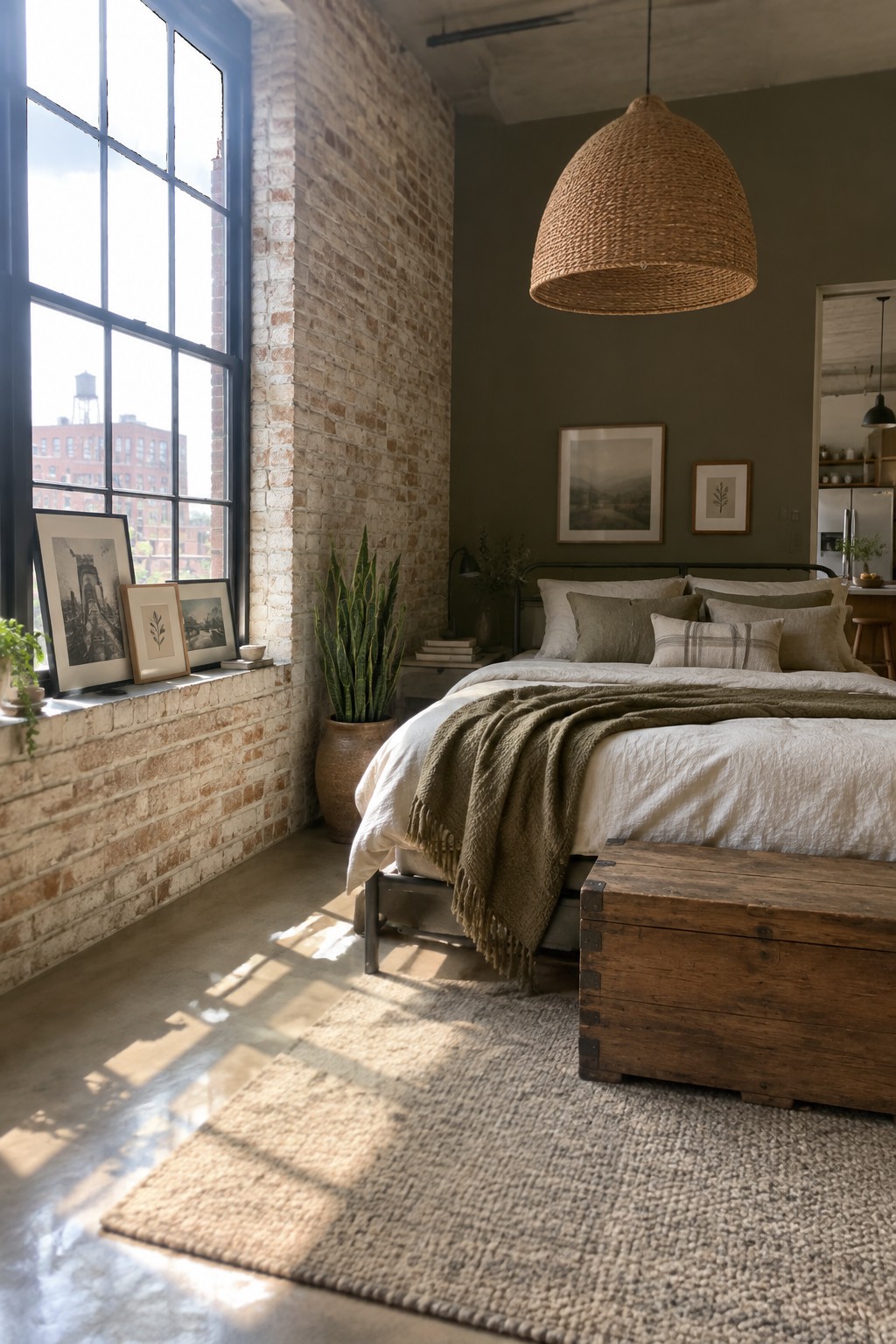 Sunlit industrial bedroom with brick wall, white bed linens, green throw, and woven pendant light.