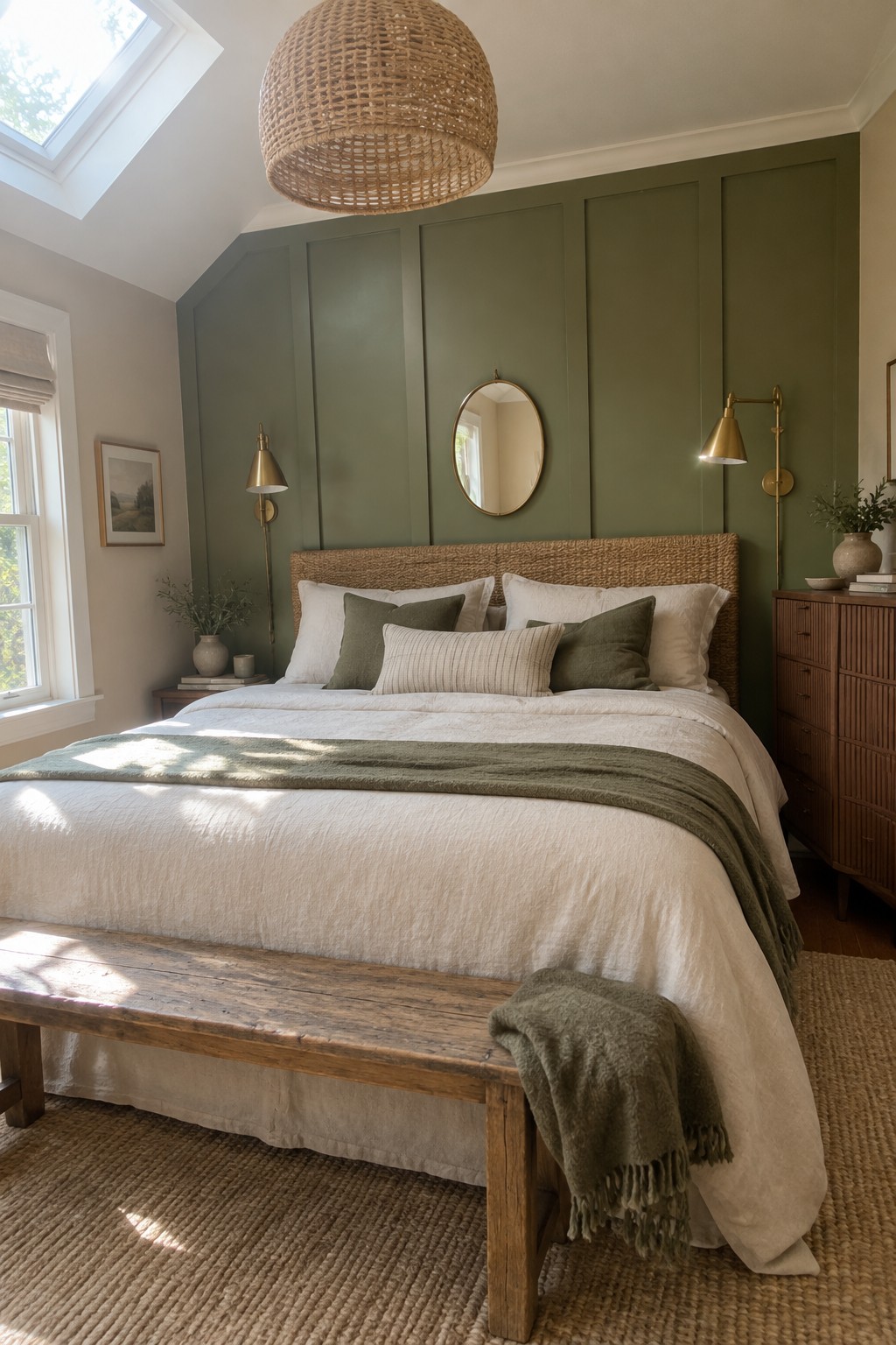 A muted olive green paneled wall behind a bed with a woven rattan headboard in a bright bedroom.