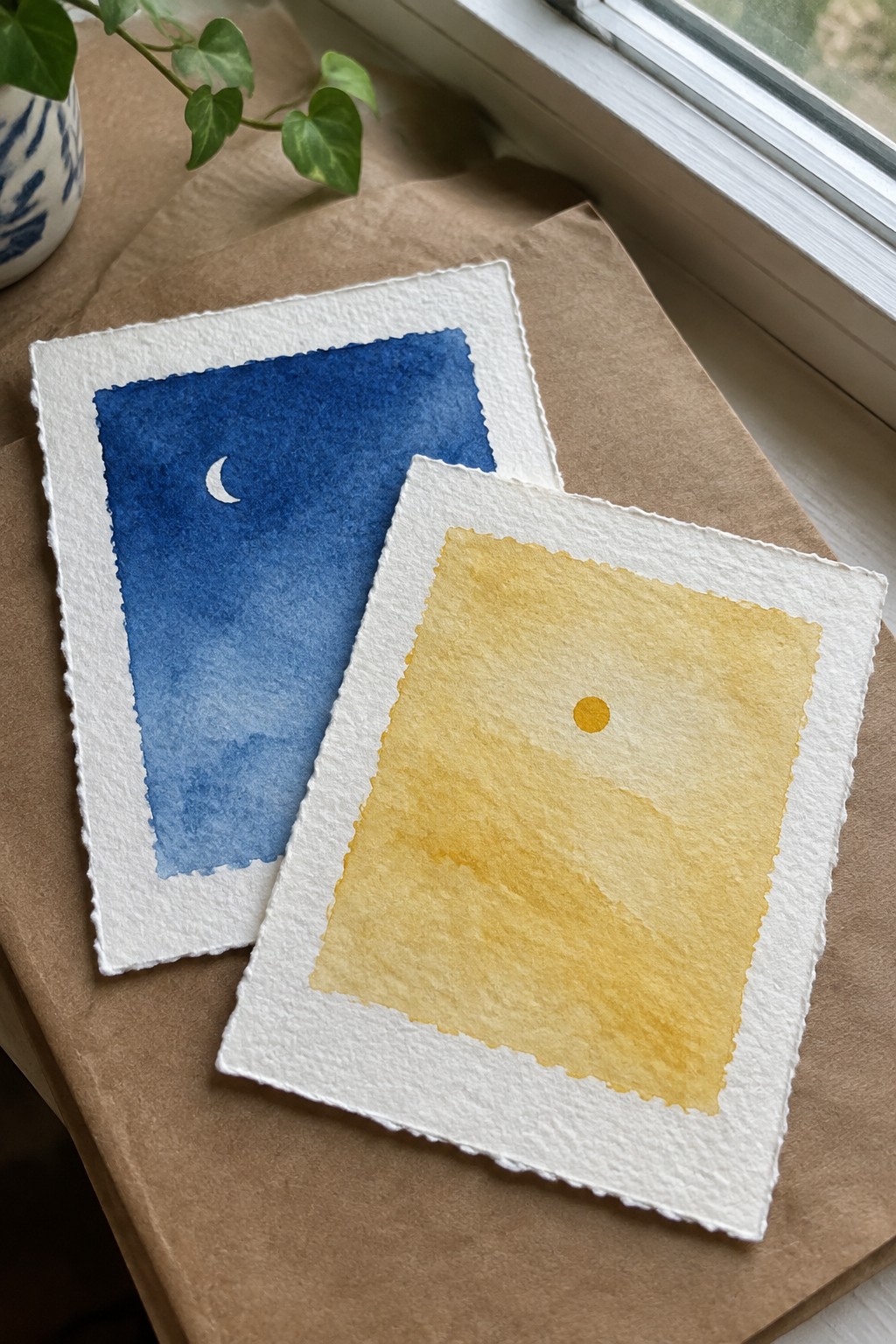 Two watercolors: blue night sky with crescent moon and yellow day with sun on brown paper.