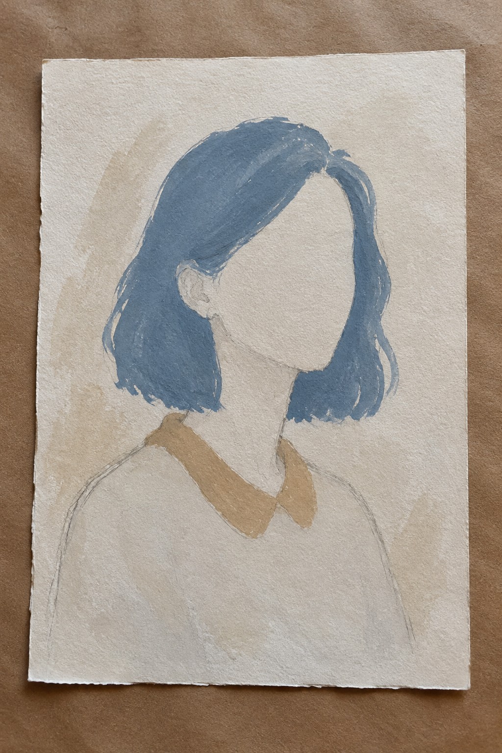 Watercolor portrait of faceless figure with blue hair and brown collar on paper.