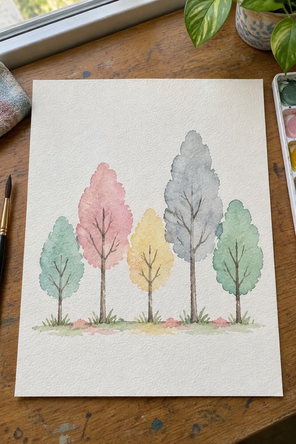 Watercolor painting of five colorful trees on paper with palette and brush on wooden table