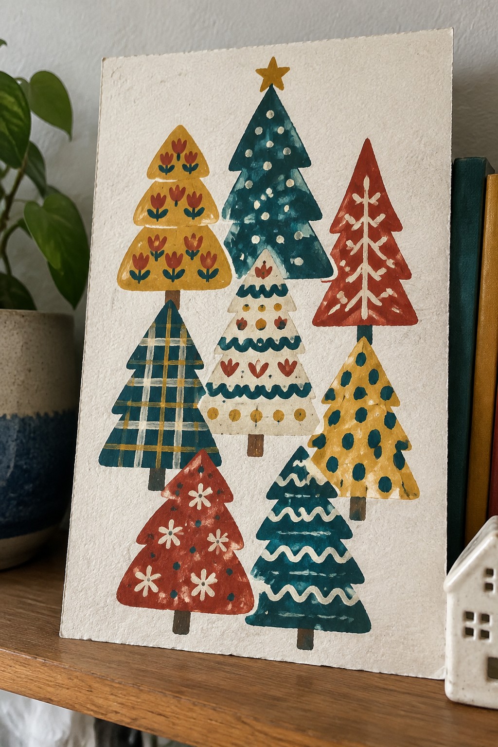 A painting of multiple stylized Christmas trees in different colors and patterns arranged on white paper.