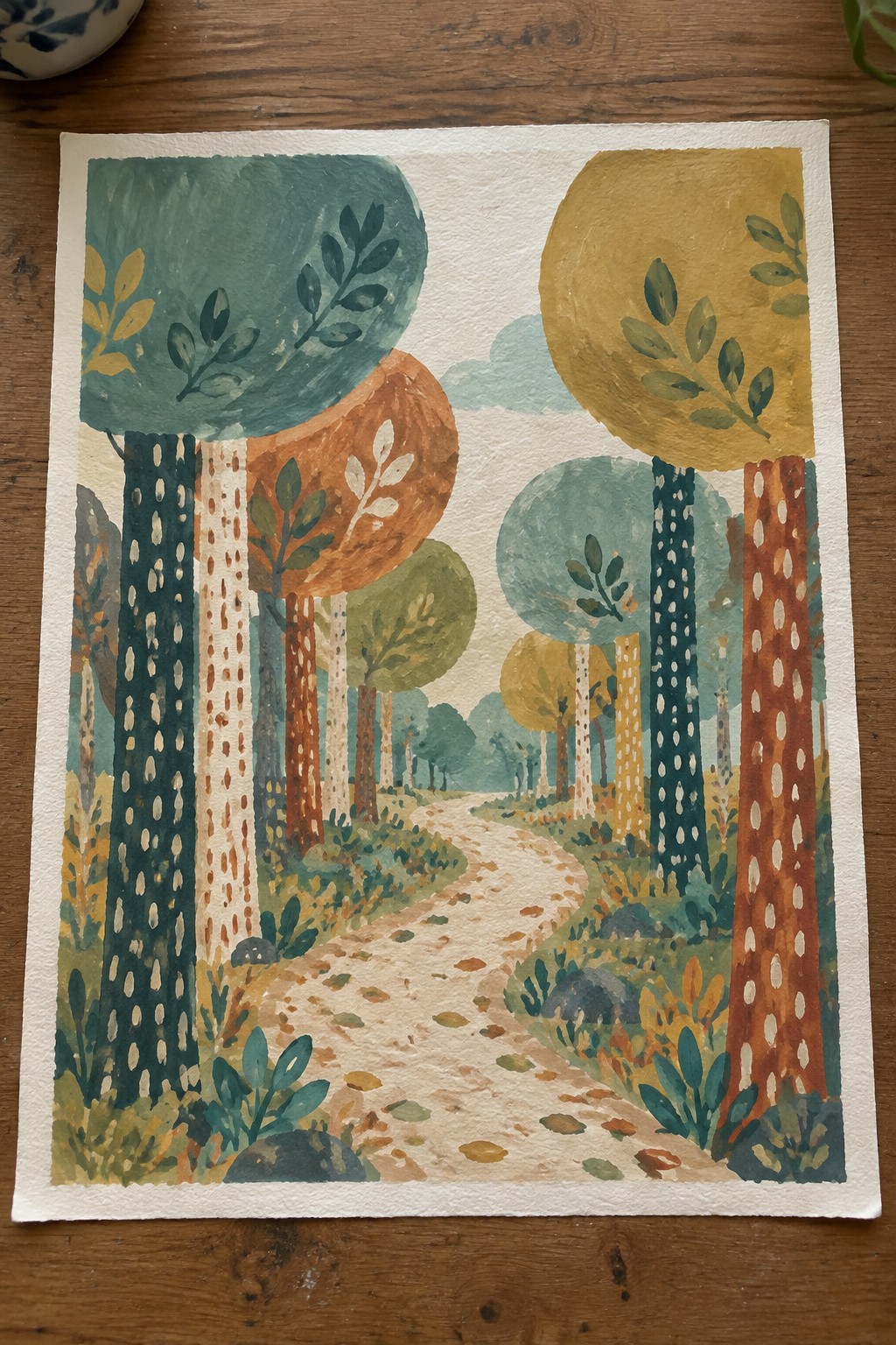 Watercolor painting of winding path through colorful patterned forest trees.