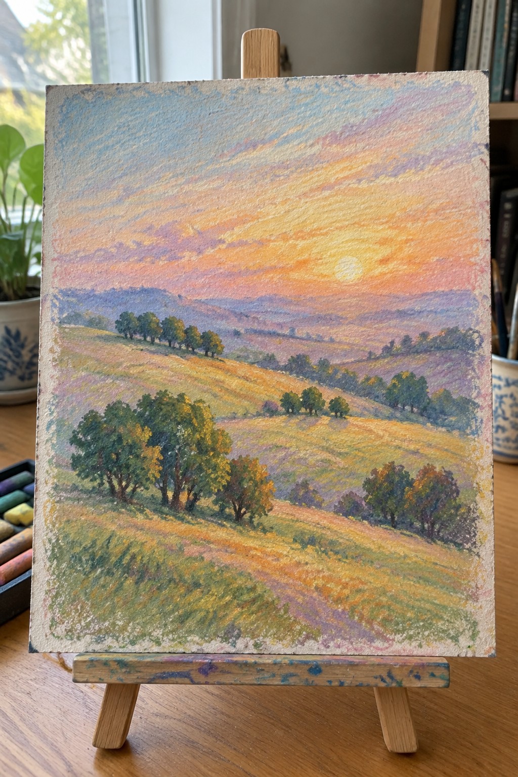 Pastel landscape painting of sunset over rolling hills with trees on easel