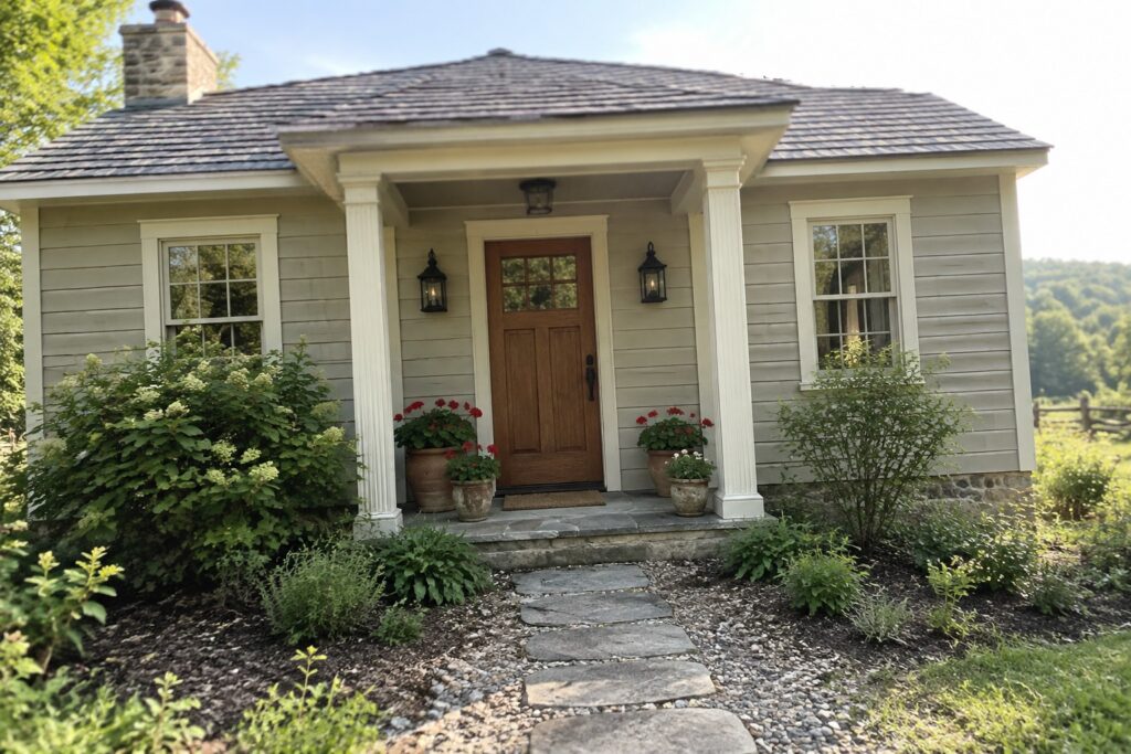 19 Practical Exterior Paint Colors for Small Houses Using Light Body Colors Stone pathway leads to wooden door of beige house with white columns