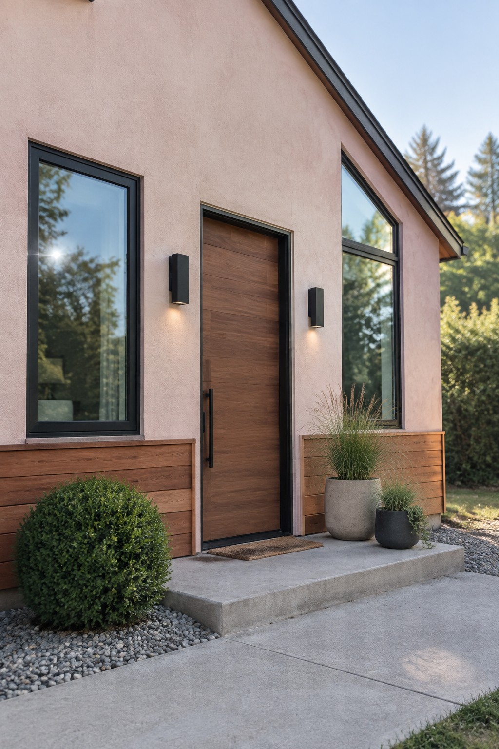 Light blush exterior walls on a small house with wood accents and black windows.