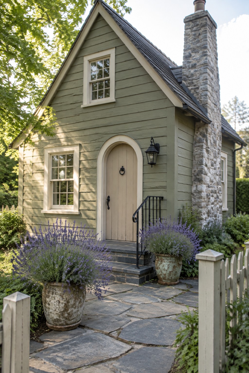 Light sage green siding on a small house with a stone chimney.