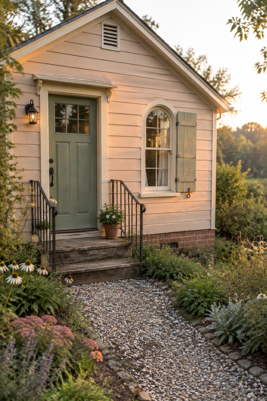 A small house exterior painted in pale warm beige siding over a red brick base.