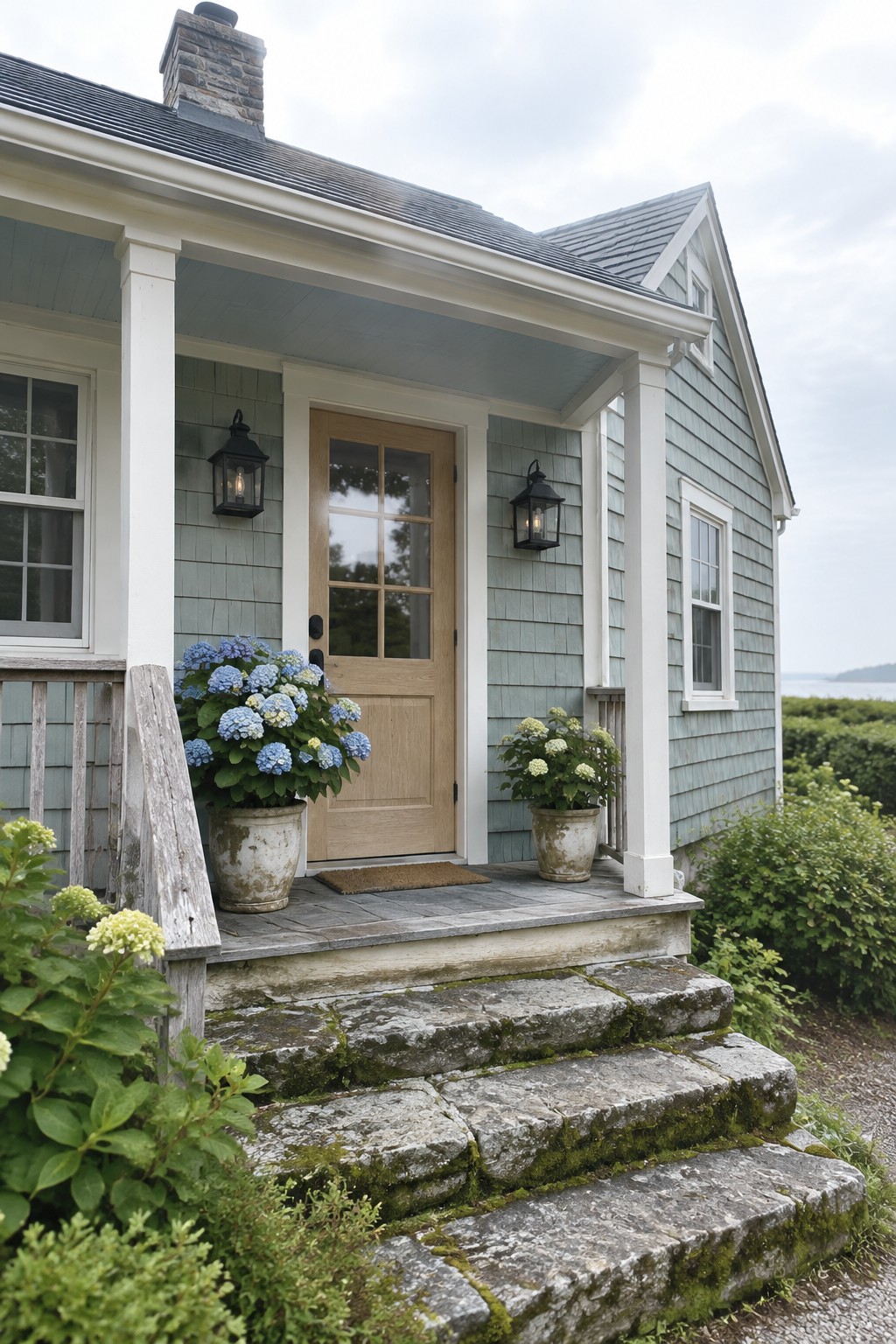 Light blue gray shingle siding on a small house with white trim and a wood door.