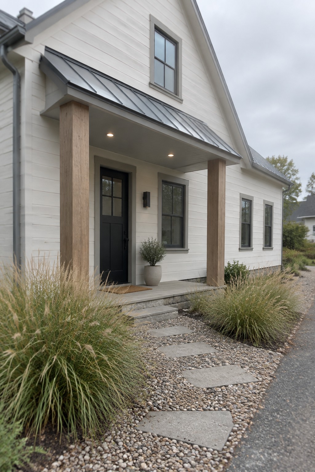 Light off-white siding on a small house with wood porch posts and dark windows.