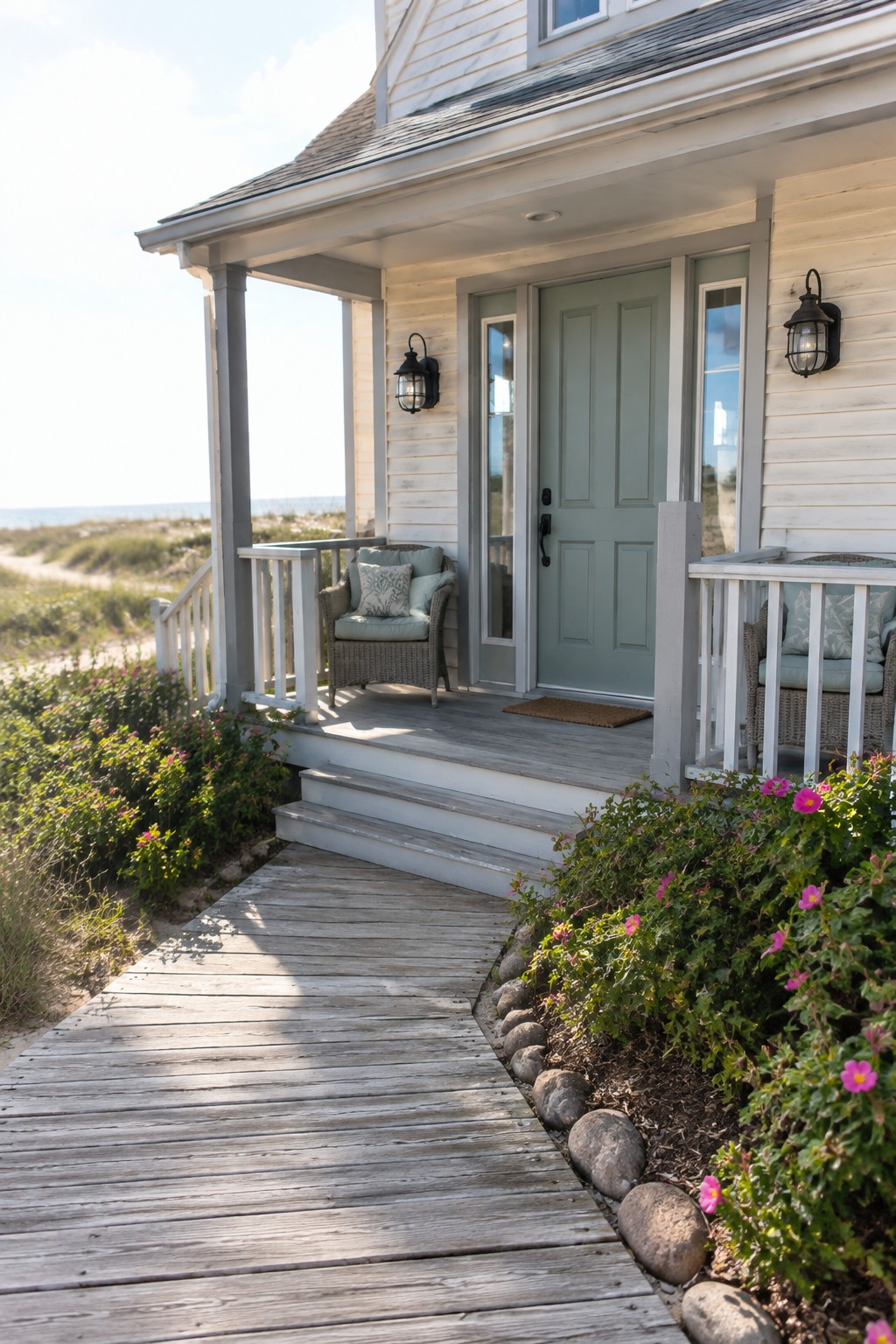 Small coastal house with light siding and a soft sage green front door.