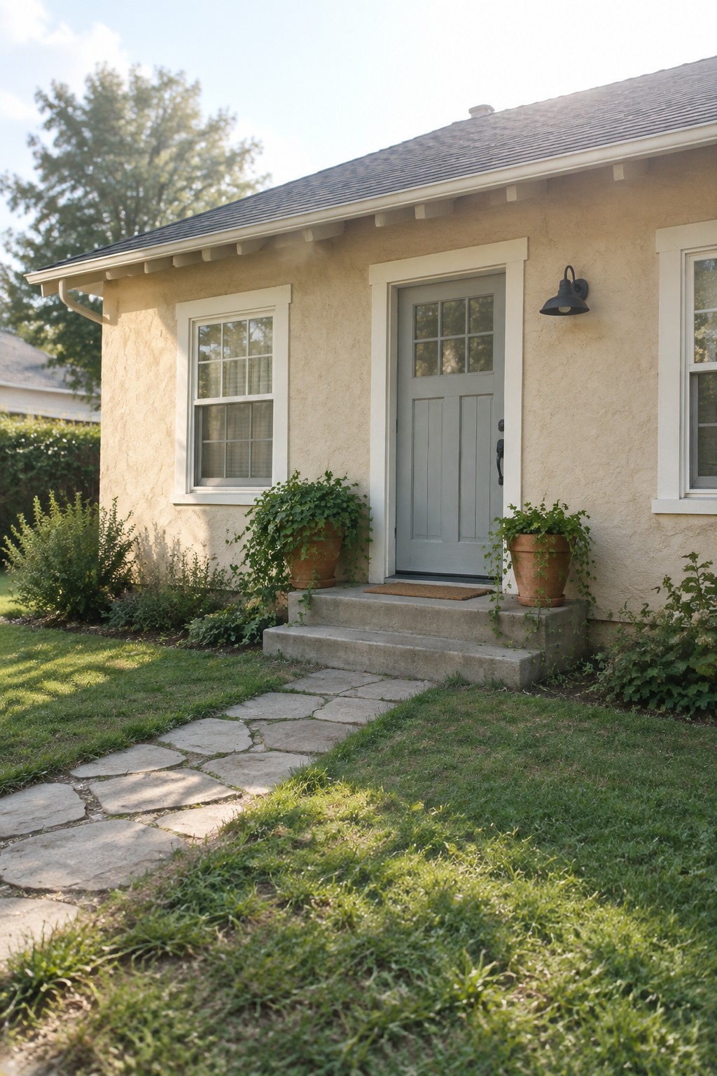 Small house exterior in a light warm beige with white trim and concrete steps.