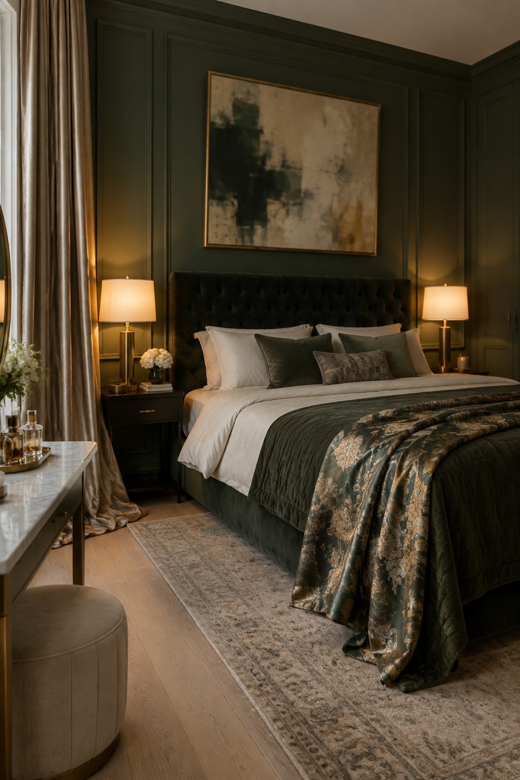 Deep green bedroom walls with a dark velvet headboard and warm wood flooring.