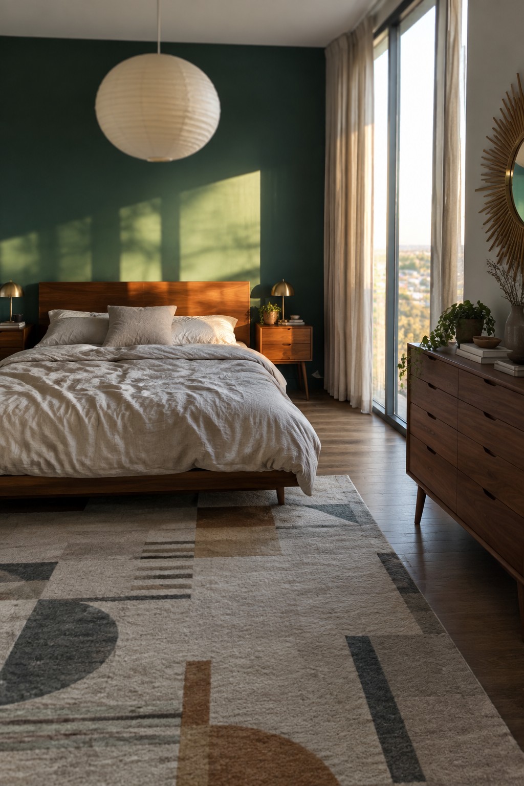 A bedroom featuring deep green walls paired with warm wood furniture and a large bed.